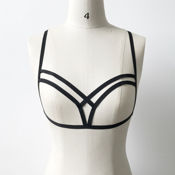 Black Strappy Harness Cage Bra Bralette O/S - Picture 2 of 6